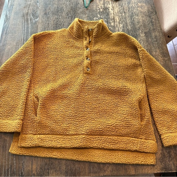 Aerie Teddy Sherpa Fleece Pullover with Buttons Brown Gold Cozy Size XS - Picture 2 of 5